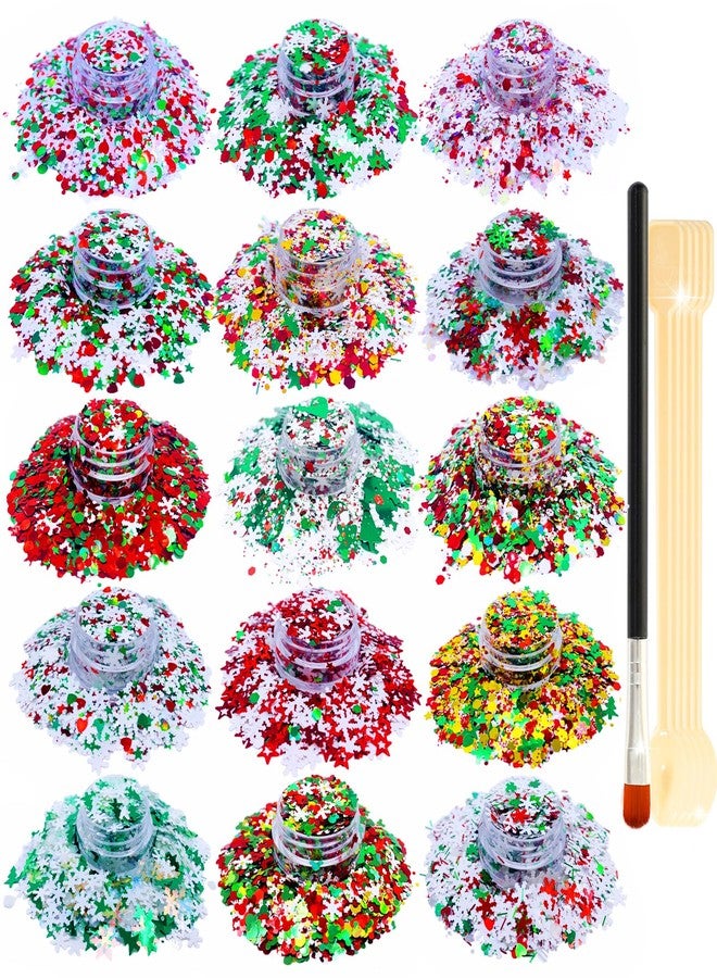 SUPGIFT Glitter SUPGIFT 15 Colors 130g Holographic Christmas Snowflake Tree Heart Star Pentagram Chunky Cosmetic Laser Sequins for Makeup Hair Body Nail Art Slime Craft Resin with Brush 5 Spoons - Image 1